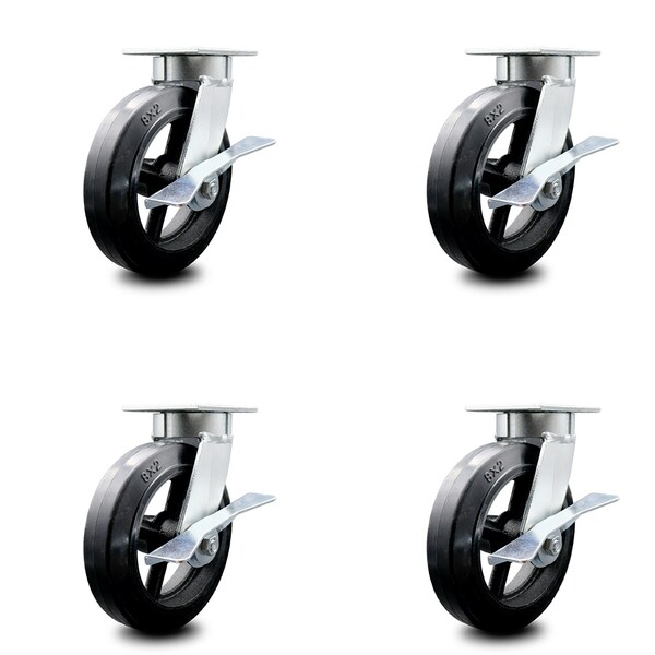8 Inch Kingpinless Rubber on Steel Wheel Swivel Caster Set with Brakes SCC